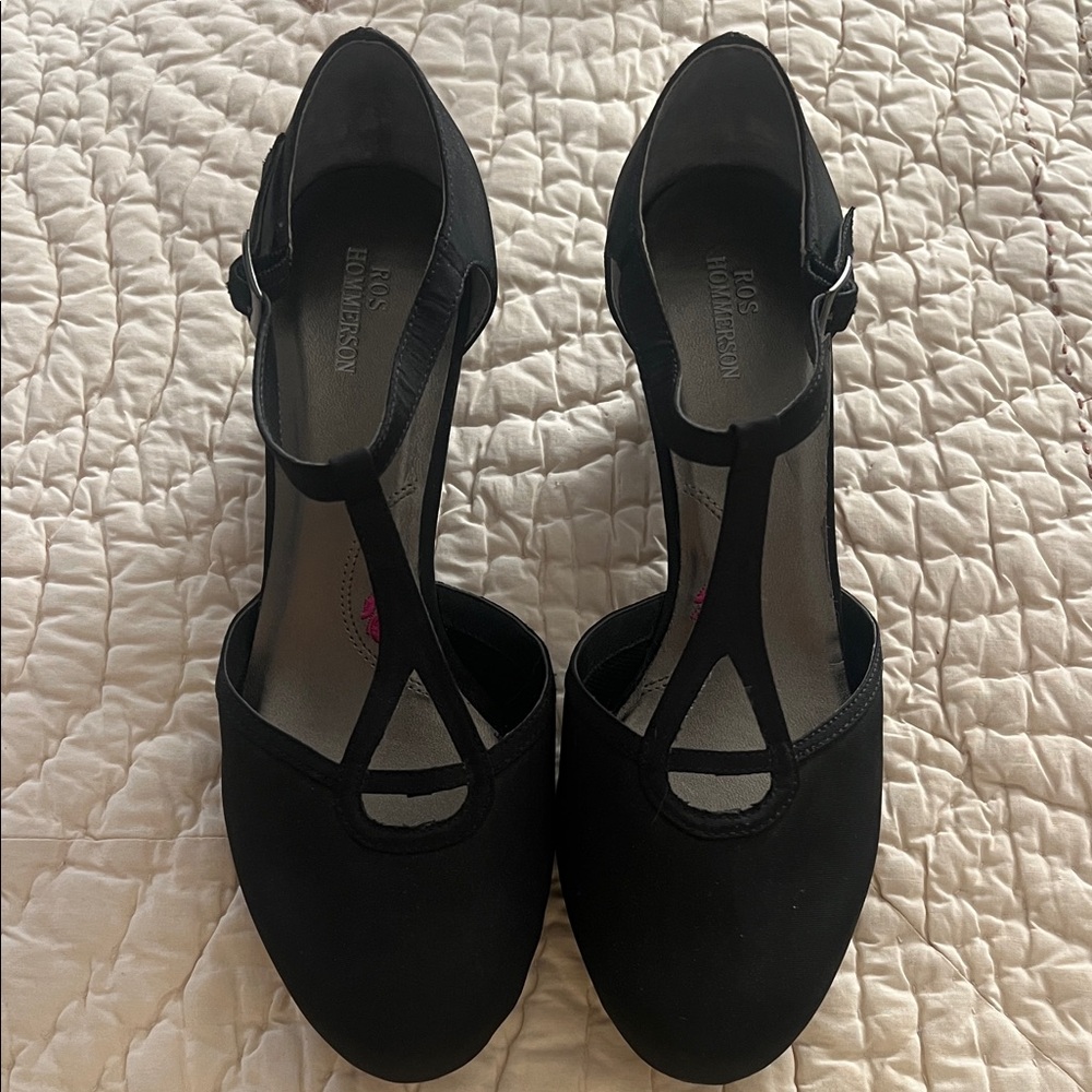 Ros Hommerson Black T-Strap Heels with Ankle Buckle